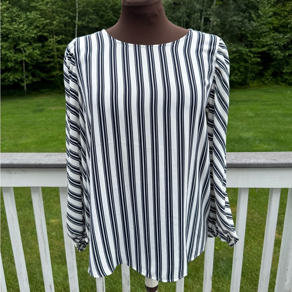 LOFT White and Blue Long Sleeve Boxy Blouse